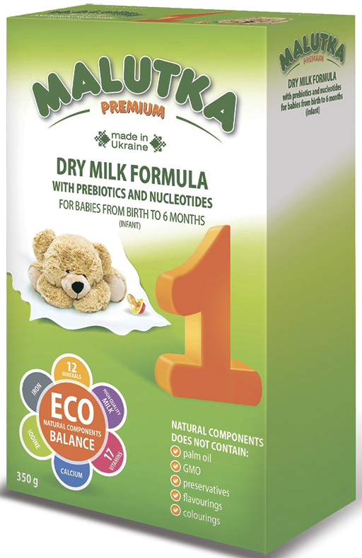 Infant milk formula with prebiotics and nucleotides for babies from birth to 6 months (primary) «Malutka premium 1». 350g.
